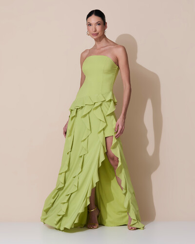 Foto Vestido de festa Longo Tomara que Caia Crepe Chiffon com Babados Cascata e Fenda Verde Claro