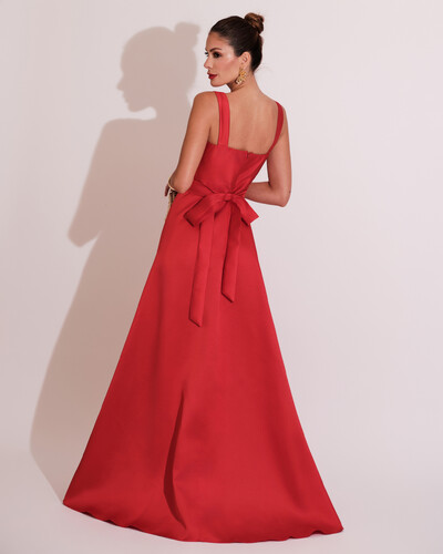FotoVestido de Festa Longo Zibeline com Fenda e Faixa Vermelho