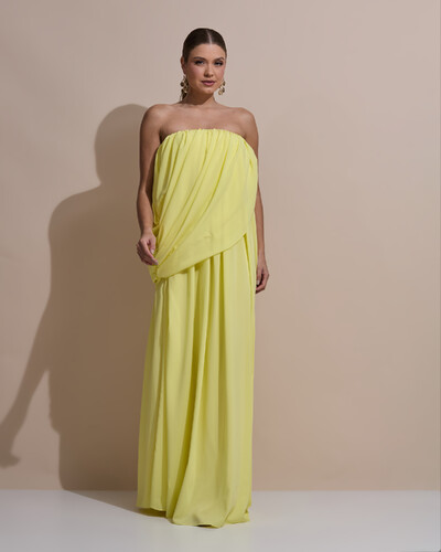 Foto Vestido de Festa Longo Tomara Que Caia Crepe Chiffon Drapeado Amarelo Manteiga