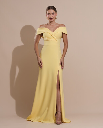Foto Vestido de Festa Longo Alfaiataria Ombro a Ombro com Fenda Amarelo Manteiga