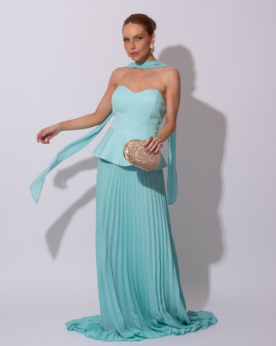 Foto Vestido de Festa Longo Alfaiataria Tomara que Caia Saia Plissada e Lenço Tiffany