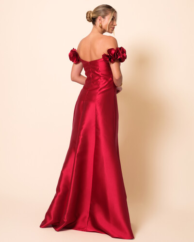 FotoVestido Longo de Festa Zibeline Ombro a Ombro com Flores e Fenda Marsala