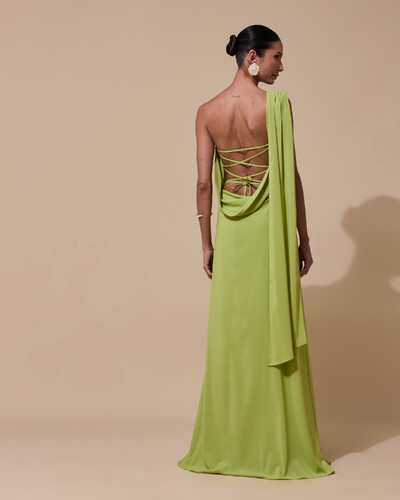 Foto Vestido de Festa Longo Tomara que Caia Crepe Chiffon Lenço Drapeado Costas Trançada Verde Garden
