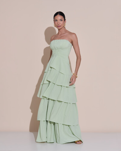 Foto Vestido de Festa Longo Tomara que Caia Drapeado Crepe Chiffon Babados Camadas Verde Menta New