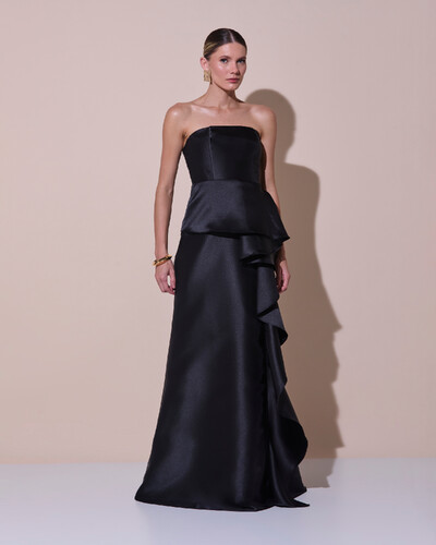 Foto Vestido de Festa Longo Tomara que Caia Babado Cascata Preto