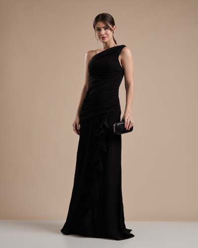 Foto Vestido de Festa Longo Crepe Chiffon Um Ombro Só Drapeado com Babado Cascata Preto