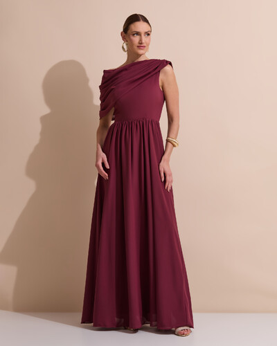 Foto Vestido de Festa Longo Um Ombro Só Crepe Chiffon Capa Drapeado Marsala
