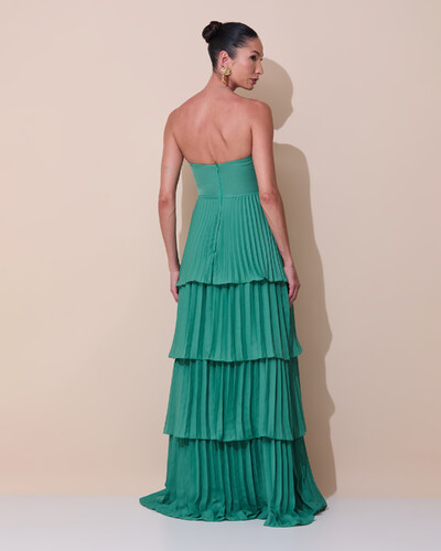Foto Vestido de Festa Longo Tomara que Caia Crepe Chiffon Plissado Camadas Verde Matcha Escuro
