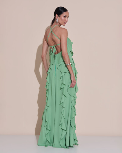 Foto Vestido de Festa Longo Crepe Chiffon Frente Única Babados Cascata e Flor Verde Matcha