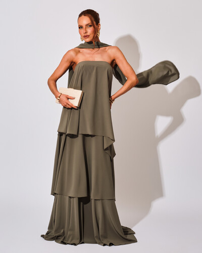 Foto Vestido de Festa Longo Chiffon Crepe em Camadas com Lenço Verde Oliva