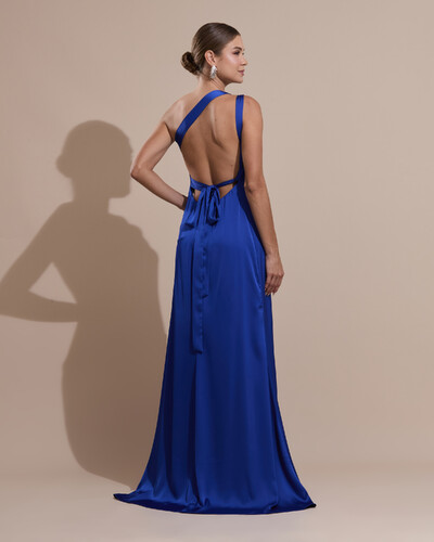 Foto Vestido de Festa Longo Cetim Fluido Um Ombro Só Amarração Costas Azul Royal