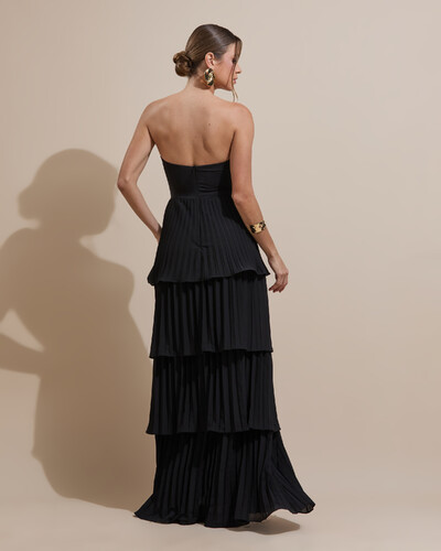 FotoVestido de Festa Longo Tomara que Caia Crepe Chiffon Plissado Camadas Preto