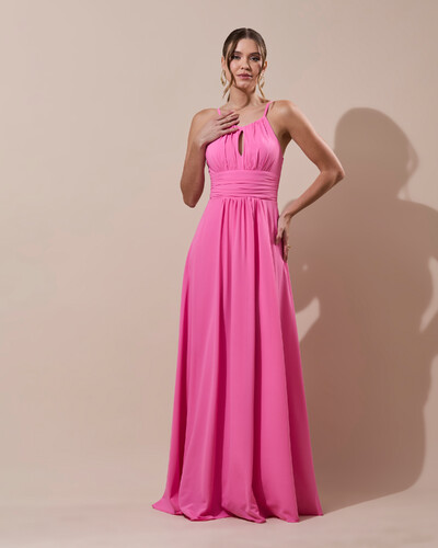 Foto Vestido de Festa Longo Crepe Chiffon Drapeado com Alças e Saia Fluida Rosa