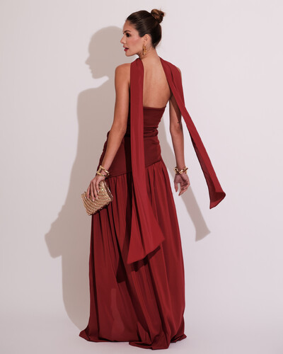 FotoVestido de Festa Longo Tomara que Caia Alfaiataria e Saia Crepe Chiffon e Lenço Marsala