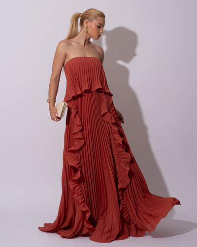 Foto Vestido de Festa Longo Crepe Chiffon Tomara que Caia Plissado com Babado Cascata Terracota