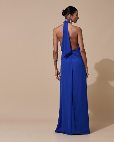 Foto Vestido de Festa Longo Frente Única Busto Blousê Crepe Chiffon Drapeado Azul Royal