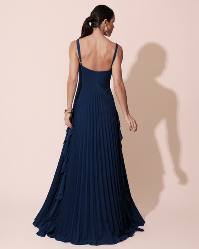 FotoVestido de Festa Longo Crepe Chiffon Alça Fina Saia Plissada com Babado Cascata Azul Marinho