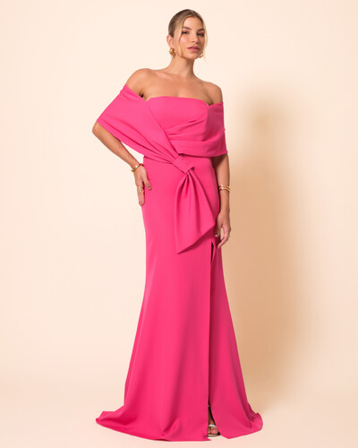 Foto Vestido de Festa Longo Alfaiataria Ombro a Ombro Laço e Fenda Pink