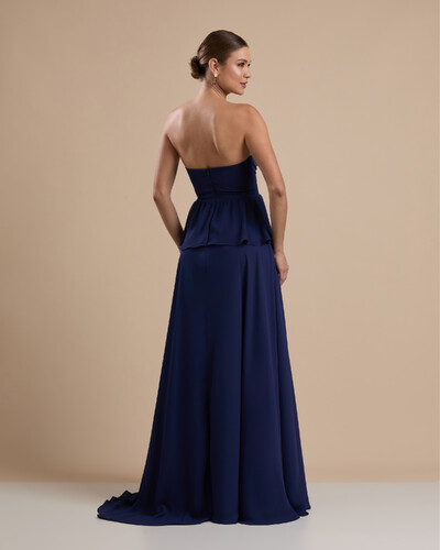 FotoVestido de Festa Longo Crepe Chiffon Tomara que Caia Peplum Drapeado Azul Marinho