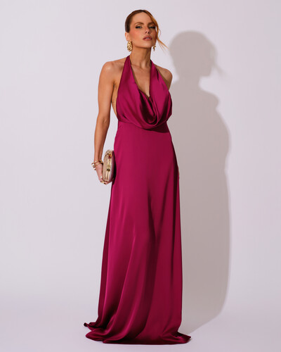 Foto Vestido de Festa Longo Frente Única Degagê Cetim Fluido Cereja