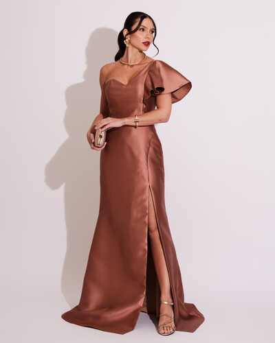 Foto Vestido de Festa Longo um Ombro Tomara que Caia Zibeline Mocha Mousse