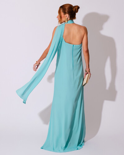 FotoVestido de Festa Longo Crepe Chiffon Um Ombro Só Drapeado Tiffany