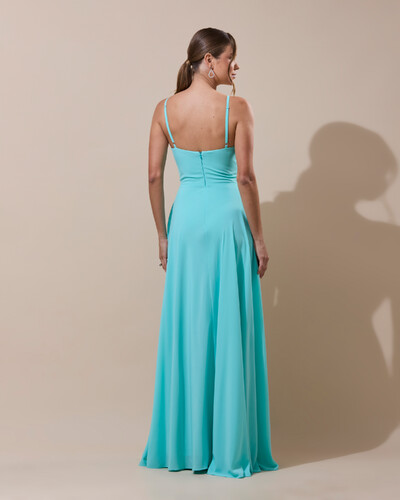 Foto Vestido de Festa Longo Crepe Chiffon Drapeado com Alças e Saia Fluida Tiffany