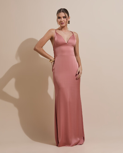 Foto Vestido de Festa Longo Costas Abertas Laço Cetim Decote V Rosa Blush