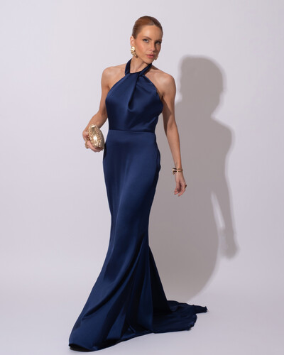 Foto Vestido de Festa Longo em Cetim Alfaiataria com Elastano Frente Única Azul Marinho