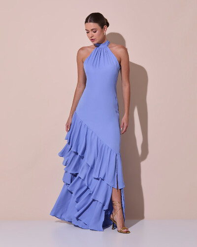 Foto Vestido de Festa Longo Chiffon Crepe Gola Alta Babados Azul Atlantis