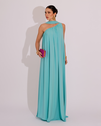 Foto Vestido de Festa Longo Crepe Fluido um Ombro Só com Lenço Tiffany