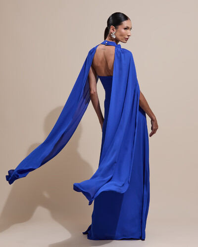 Foto Vestido de Festa Longo Tomara Que Caia Crepe Chiffon Drapeado Capa Azul Royal