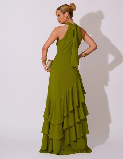 FotoVestido de Festa Longo Chiffon Crepe Gola Alta Babados Verde Oliva New
