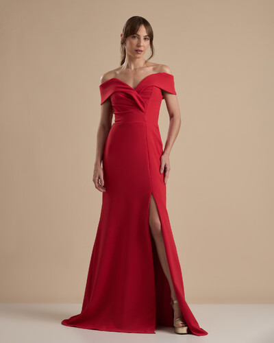 Foto Vestido de Festa Longo Alfaiataria Ombro a Ombro com Fenda Vermelho