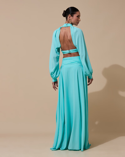 Foto Vestido de Festa Longo Gola Alta Crepe Chiffon Recortes Drapeado Manga Longa Fenda Tiffany