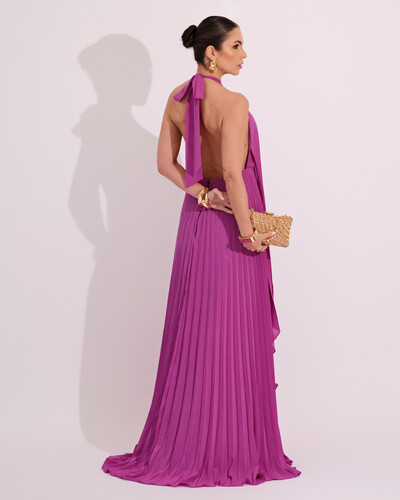 FotoVestidos de Festa Longo Chiffon Fluido Frente Única Plissado Duplo Fúcsia