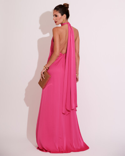 FotoVestido de Festa Gola Alta com Decote nas Costas Acetinado Pink