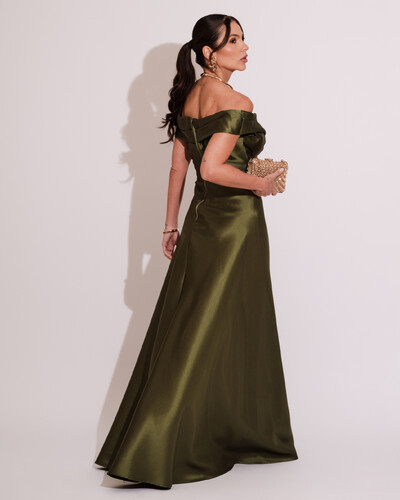 FotoVestido de Festa Longo Zibeline Ombro a Ombro com Fenda Verde Oliva