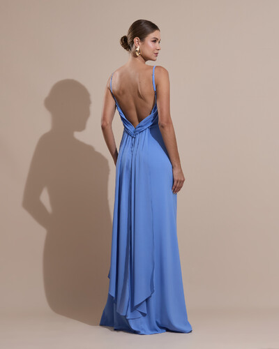 FotoVestido de Festa Longo Crepe Chiffon Costas Lenço Cauda Azul Atlantis