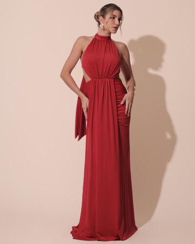 Foto Vestido de Festa Longo Malha Jersey Gola Alta Saia Sereia Vermelho Escuro
