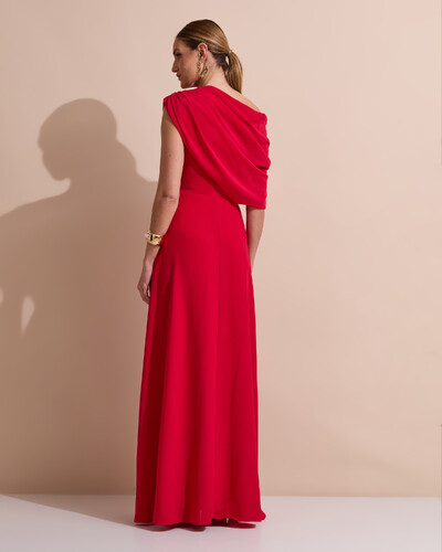 Foto Vestido de Festa Longo Um Ombro Só Crepe Chiffon Capa Drapeado Vermelho