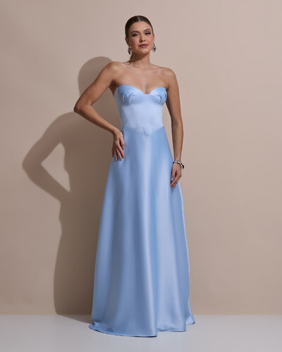 Foto Vestido de Festa Longo Tomara que Caia Decote Coração Cetim Cruzado Costas Serenity