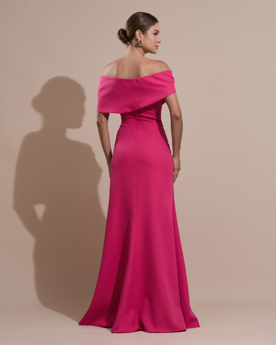 Foto Vestido de Festa Longo Alfaiataria Ombro a Ombro com Babado Cascata Pink