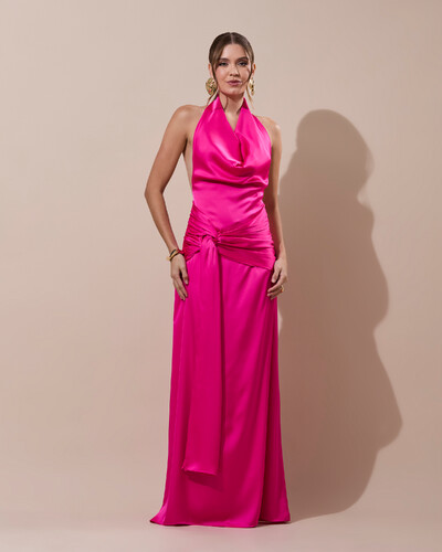 Foto Vestido de Festa Longo Cetim Frente Única Degagê com Faixa Drapeada Pink