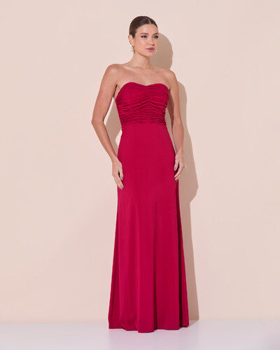 Foto Vestido de Festa Longo Ombro a Ombro Plissado Crepe Chiffon Capa Flor 3D Lenço Cereja