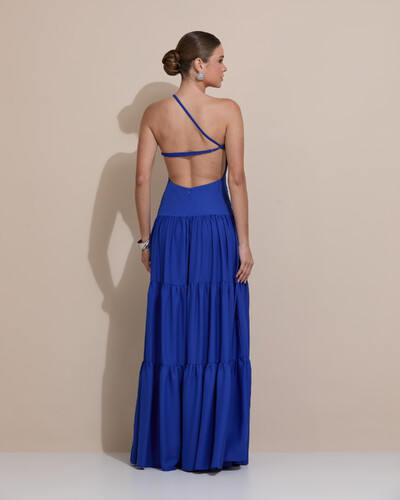 Foto Vestido de Festa Longo Um ombro Só Crepe Chiffon Saia Fluida Azul Royal