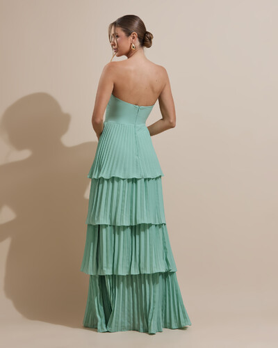 FotoVestido de Festa Longo Tomara que Caia Crepe Chiffon Plissado Camadas Verde Menta