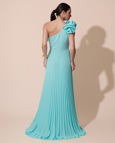 FotoVestido de Festa um Ombro Só Flor Saia Plissado Tiffany