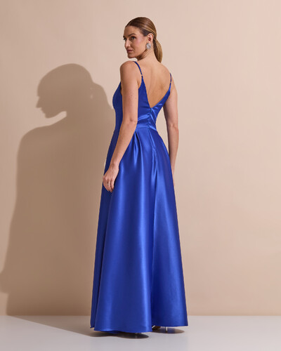 Foto Vestido de Festa Longo Alça Fina Decote V Cetim Saia Evasê Azul Royal