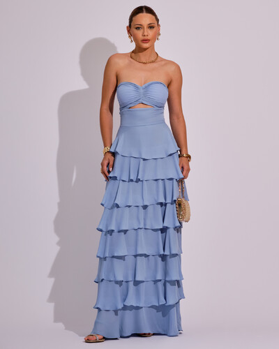 Foto Vestido Longo Crepe Chiffon Tomara que Caia Plissado em Camadas Serenity